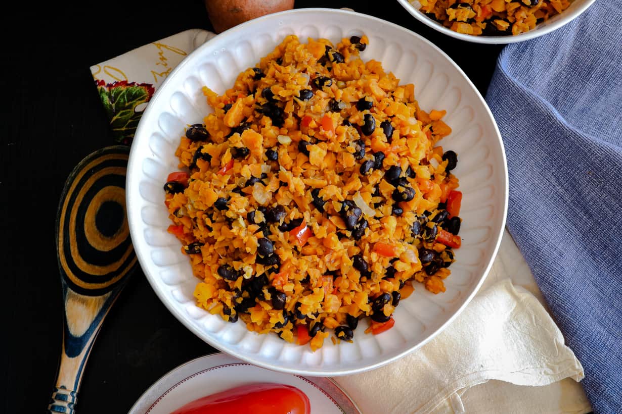 overhead view of sweet potato rice with beans