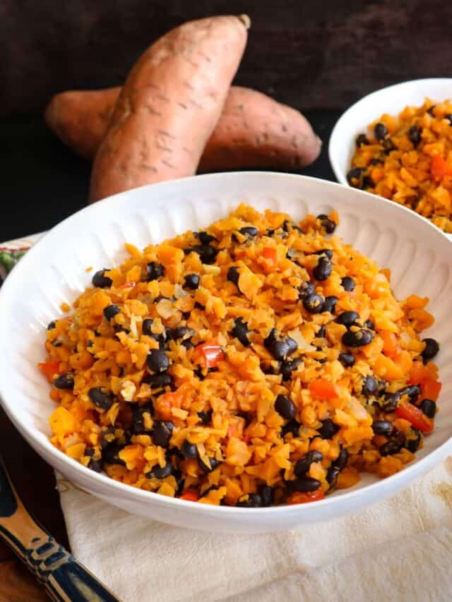sweet potato rice in white bowl with black beans