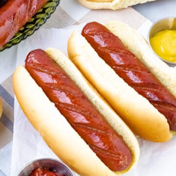 closeup view of two hot dogs in buns