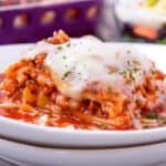 closeup view of lasagna on double plate toped with parsley flakes and cheese