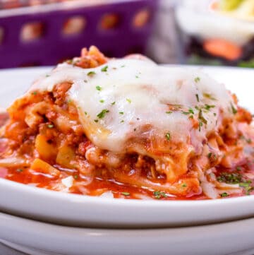 closeup view of lasagna on double plate toped with parsley flakes and cheese