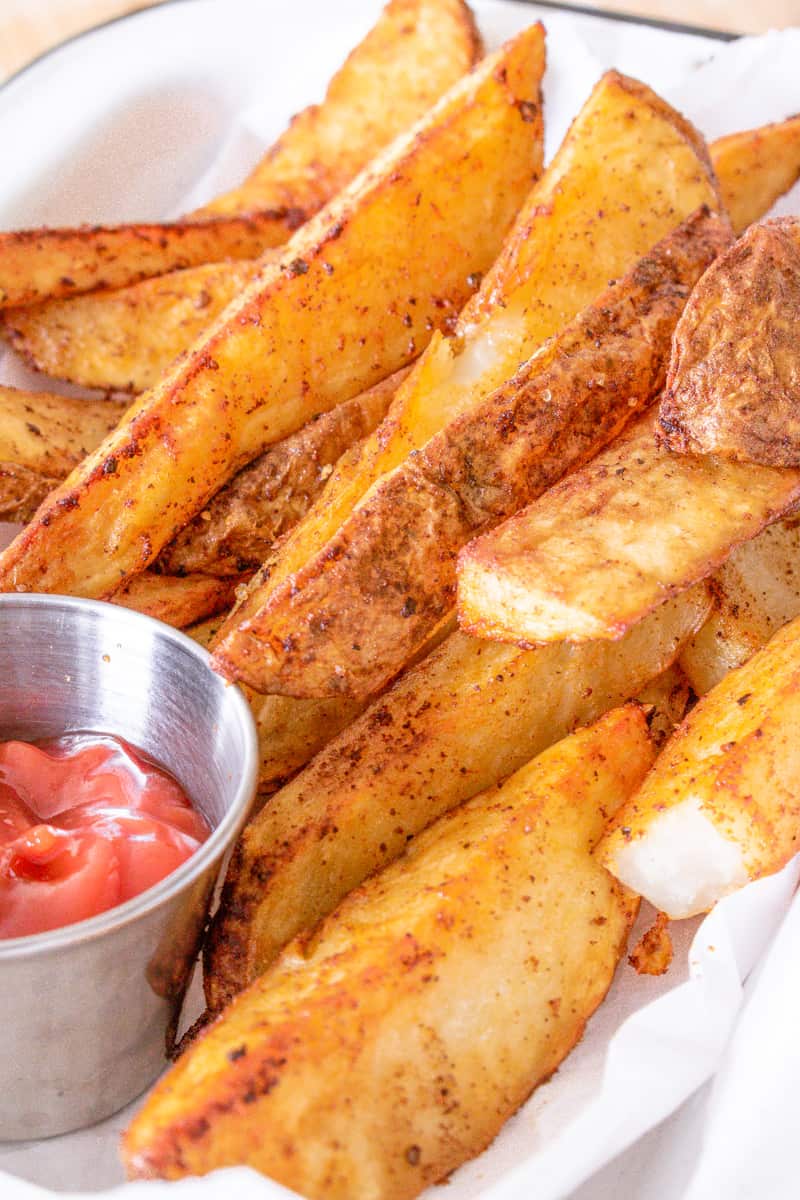 vertical view of potato wedges