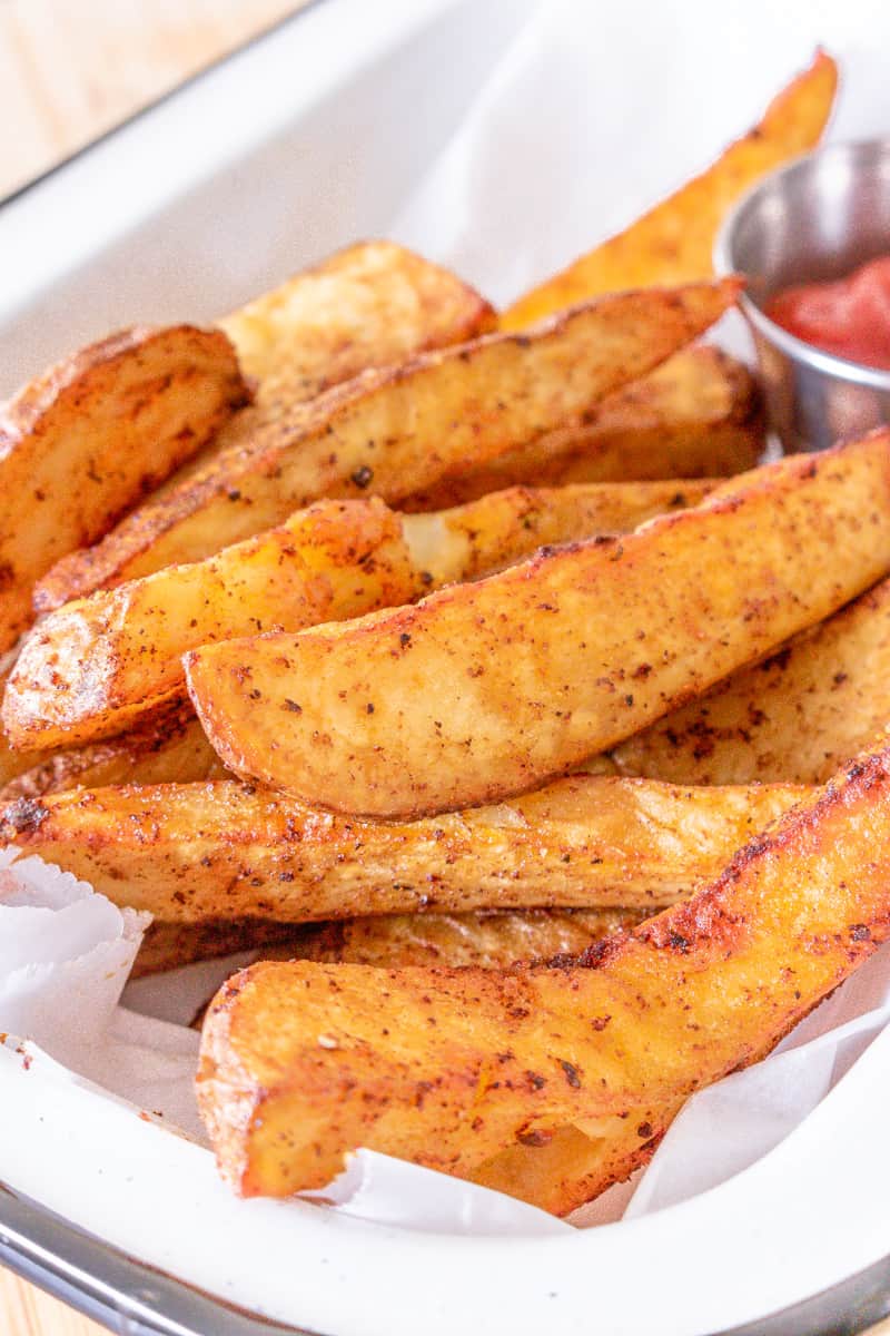 vertical view of potato wedges