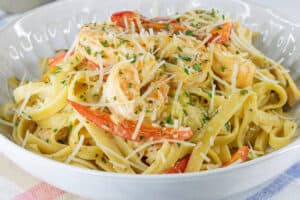 Cajun Chicken And Shrimp Pasta Recipe in white bowl
