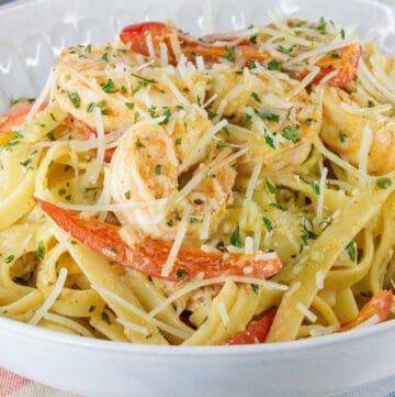 Cajun Chicken And Shrimp Pasta Recipe in white bowl