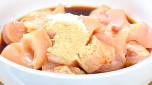 chicken topped with ginger and seasoning.