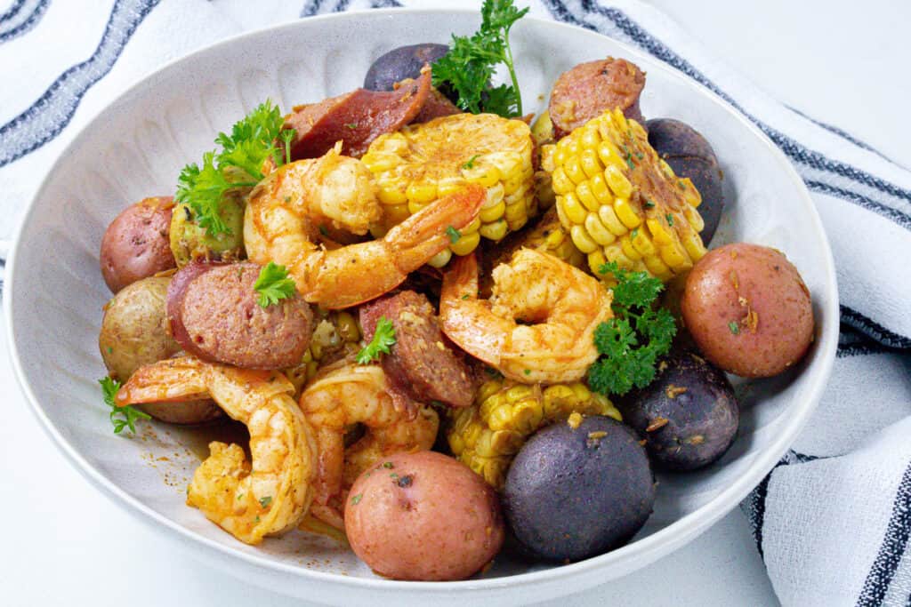 instant pot shrimp boil in white plate