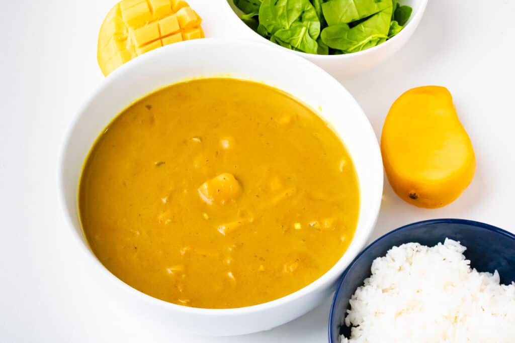 horizontal view of mango curry with spinach and mango and rice on white bowl