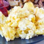 closeup view of scrambled eggs in air fryer