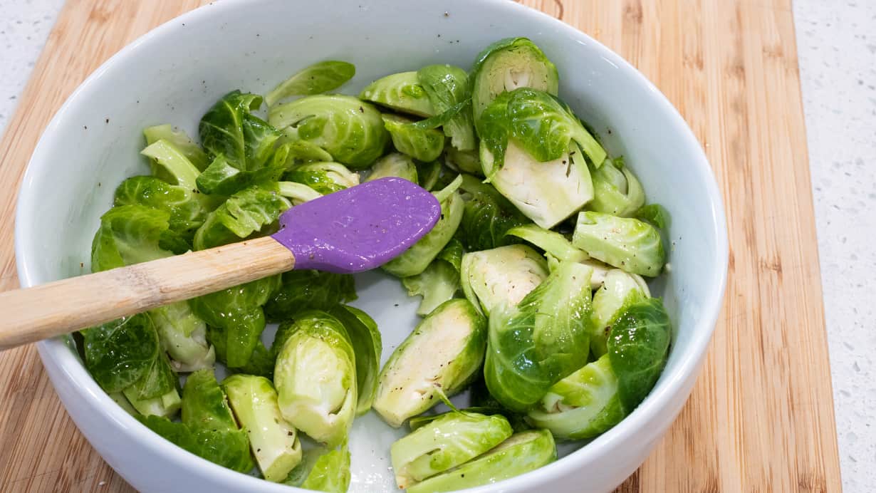 Crispy Air Fryer Brussels Sprouts on white plate