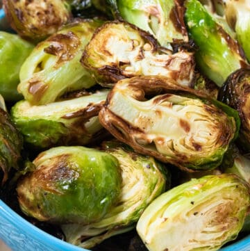 Crispy Air Fryer Brussels Sprouts on white plate