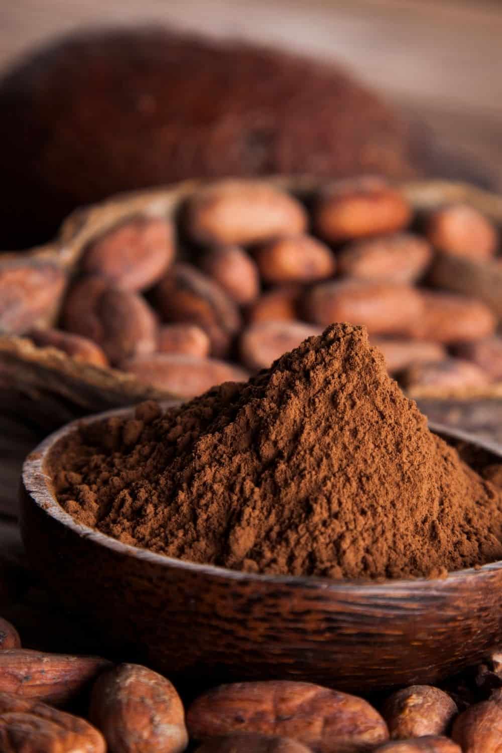 cocoa powder in wooden bowl