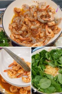 step 1 through 3 photo guide. spinach and shrimp in skillet