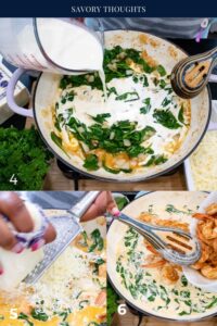 step 4 through 6. milk and shrimp with spinach in skillet