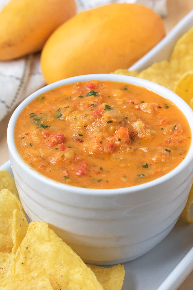 Mango salsa in white bowl with chips vertical view
