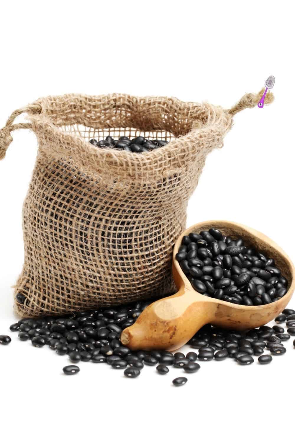 black beans on white board and sack