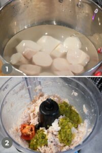 akra in bowl and seasoning in the food processor