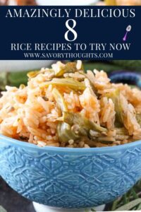 okra rice in blue bowl