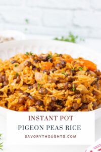 rice and pigeon peas in white bowl Pinterest pin