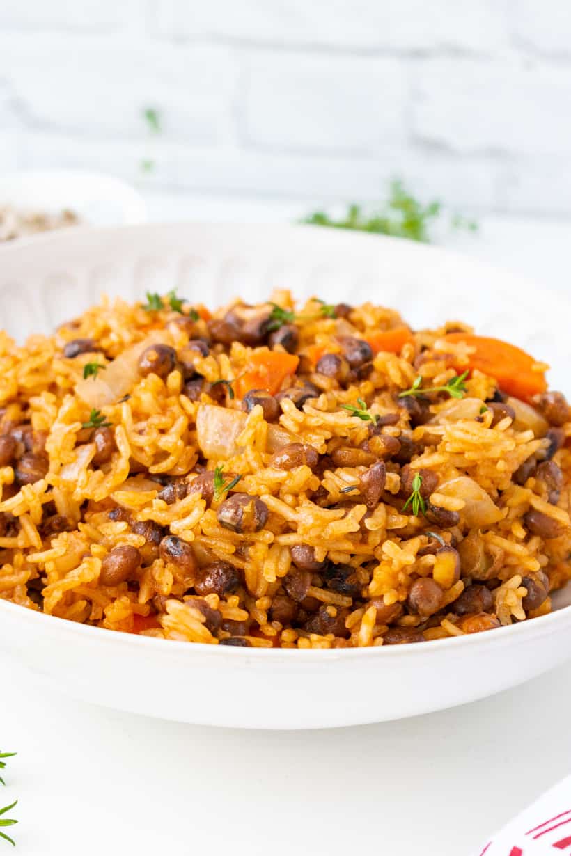 rice and pigeon peas in white bowl