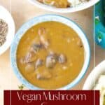 mushroom gravy Pinterest pin in blue bowl