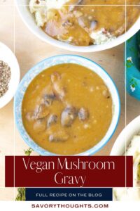 mushroom gravy Pinterest pin in blue bowl