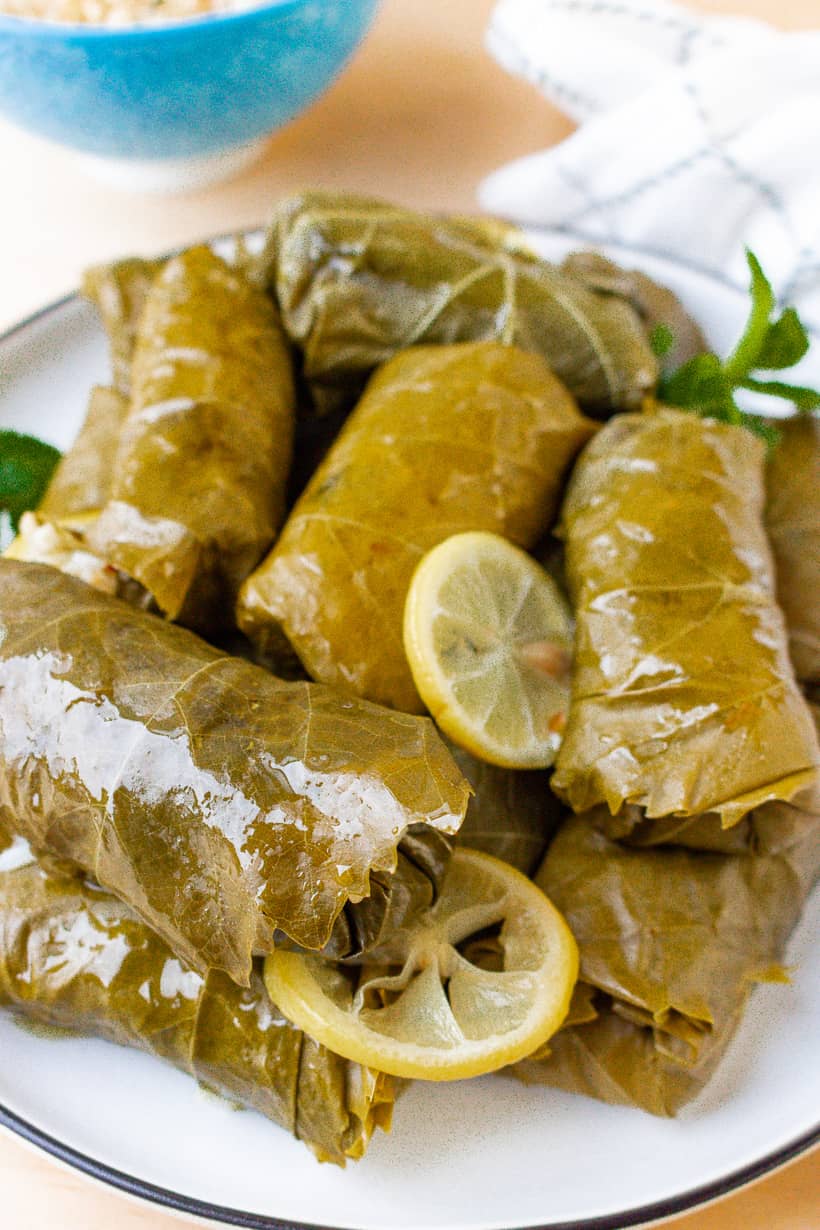 stacked grape leaves with lemon slices on white plate