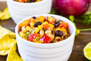 bean salsa dip in white bowl