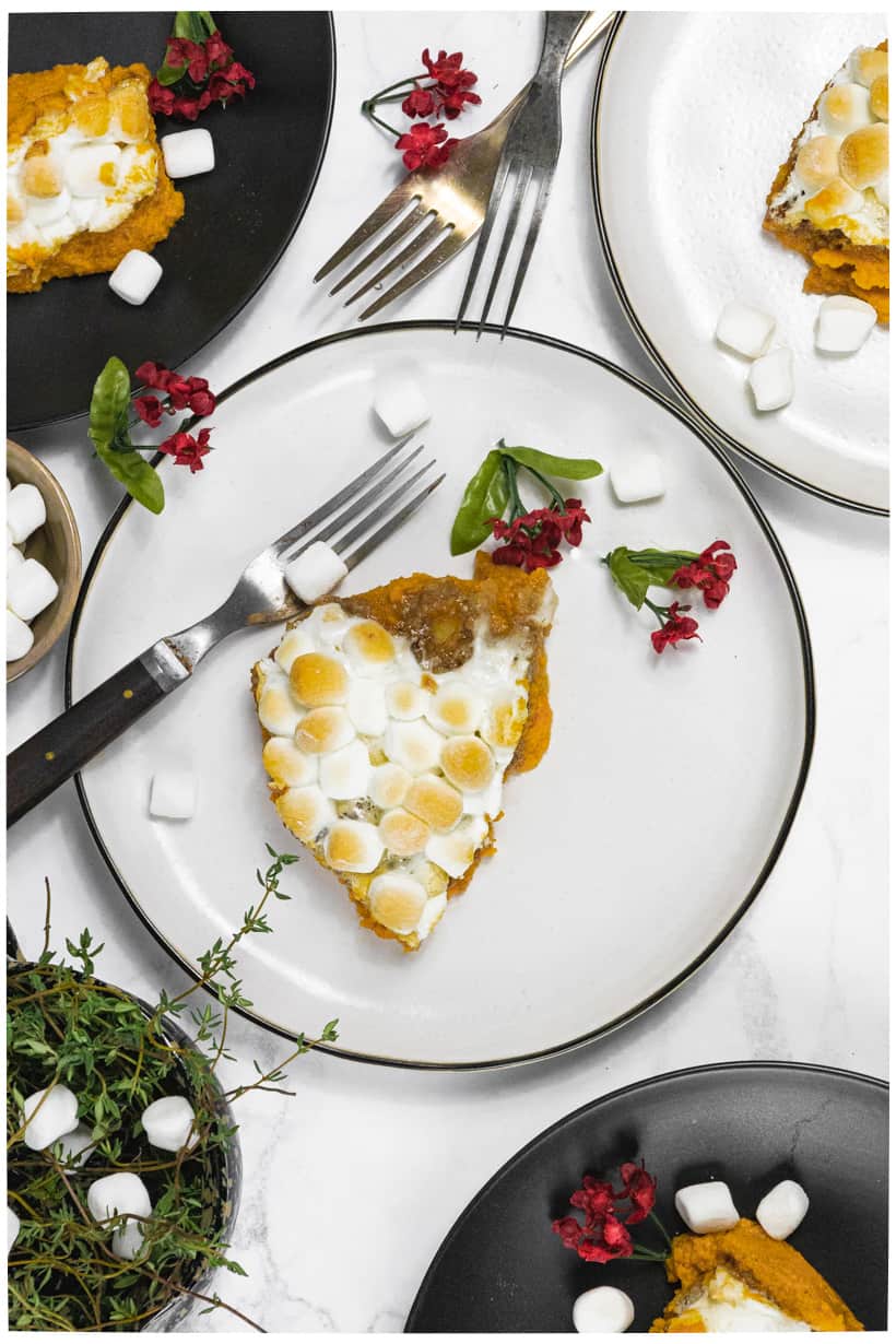 sweet potato casserole in white plate