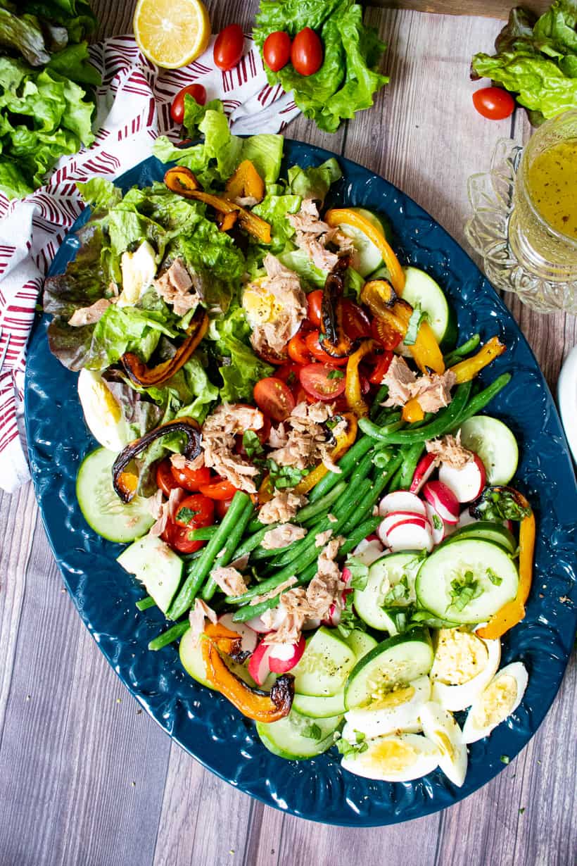 salad Nicoise in blue plate with tuna