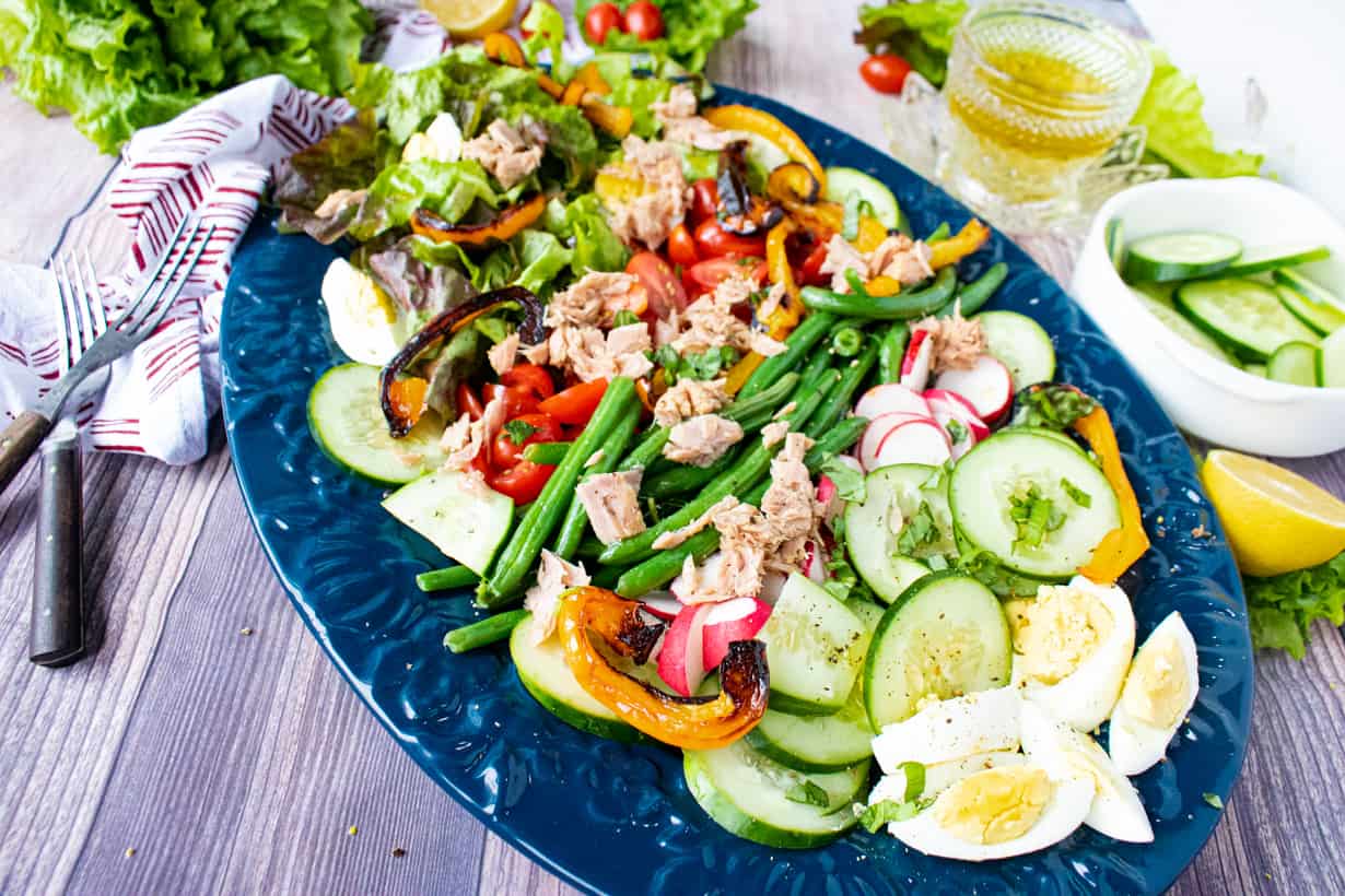 salad Nicoise in blue plate