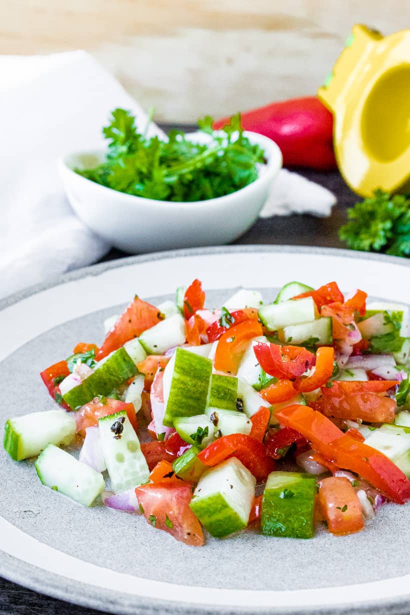 Israeli Salad on white plate