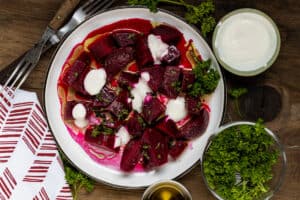 beet salad recipe on white plate