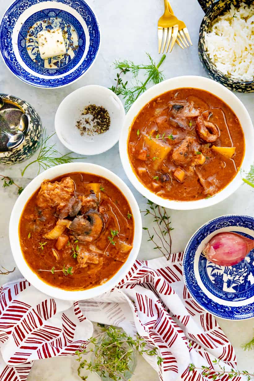 Veal stew in white bowl