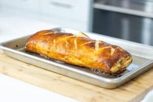 baked vegetarian Wellington on baking sheet
