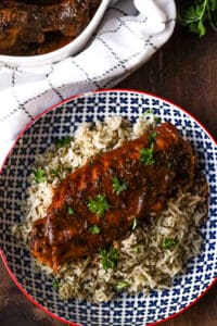 Turkey wing over a bed of rice