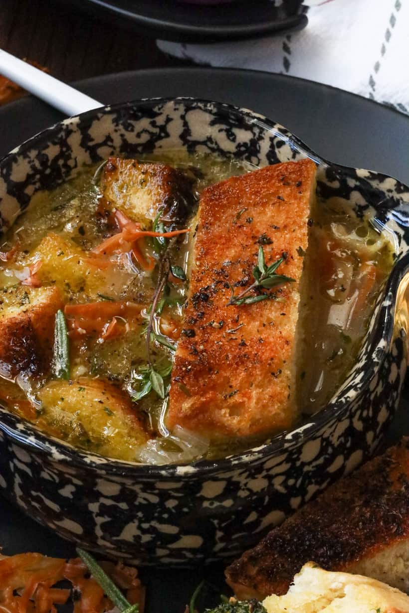 French onion soup topped with cheese bread