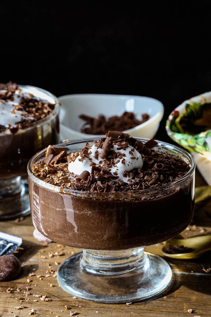 French mousse au chocolat topped with whipped cream and shaved chocolate