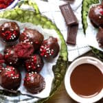 red velvet truffles in green plates