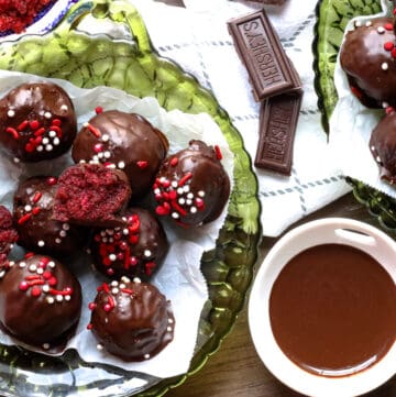 red velvet truffles in green plates