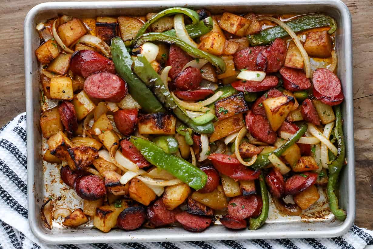 peppers, smoked sausage, and potatoes