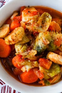 Brussels Sprouts with carrots stew topped with black pepper