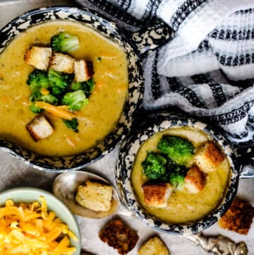 soup in bowl topped with bread and broccoli