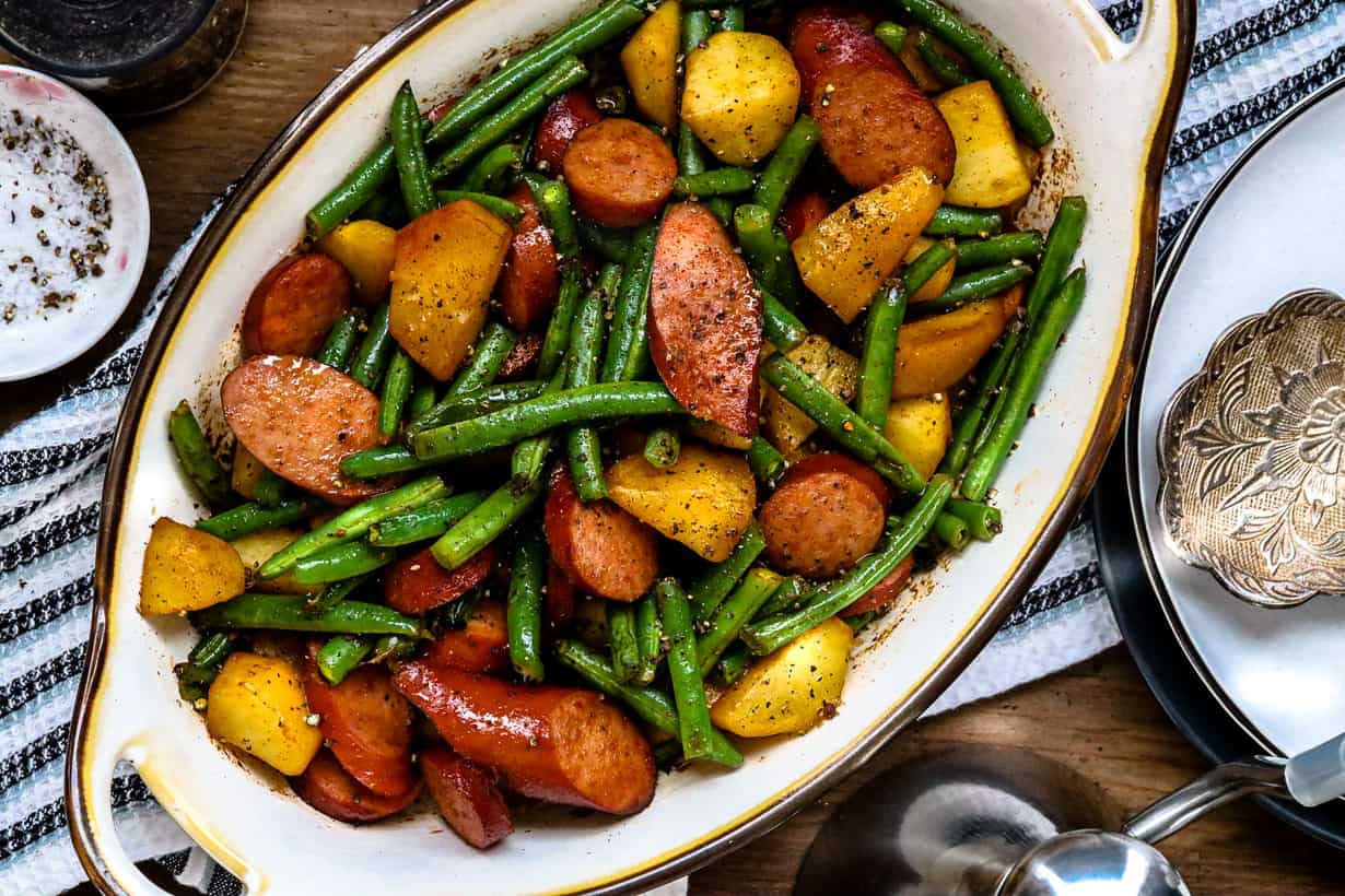 green beans and potatoes casserole with sausage