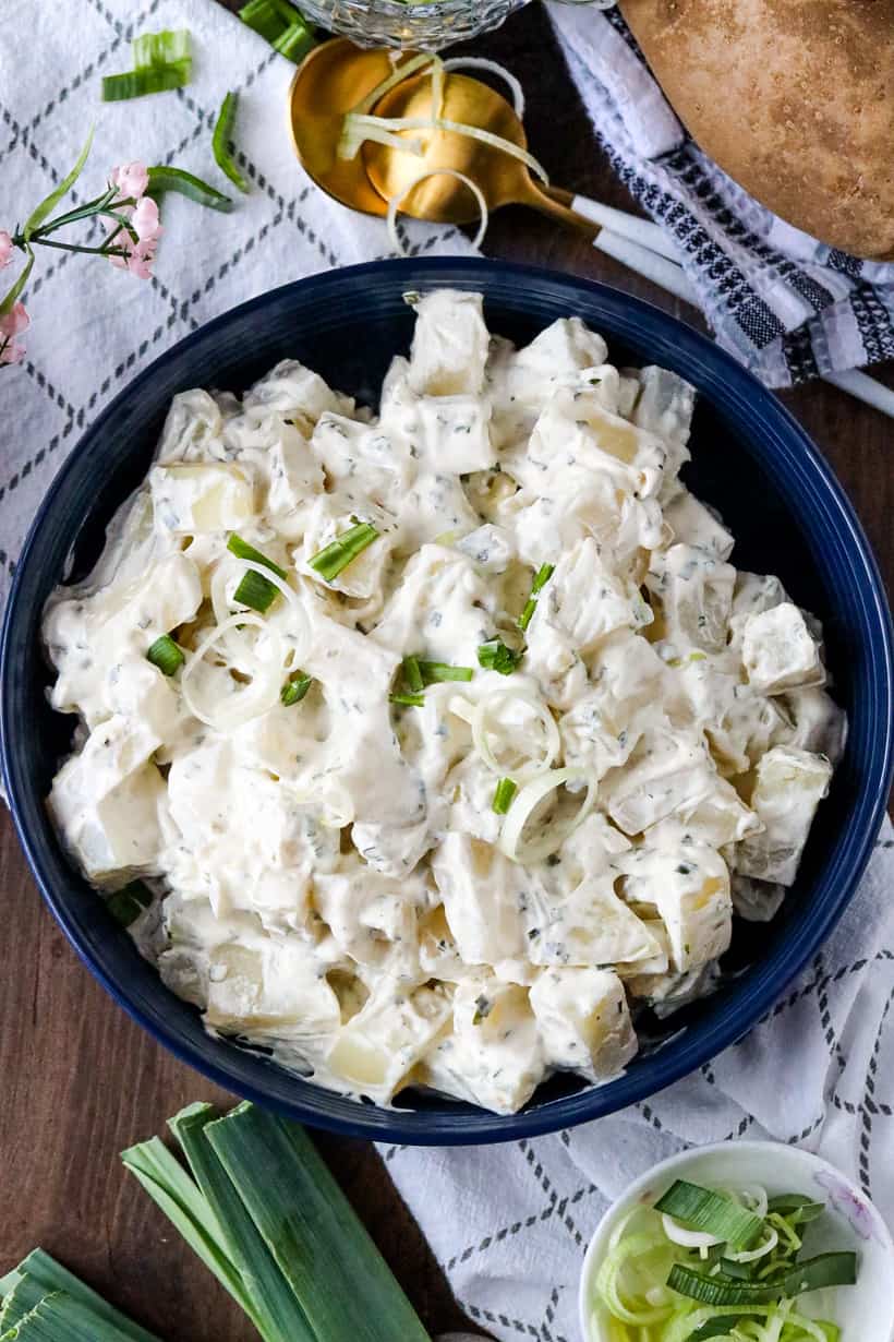 Swedish Style Potato salad in blue bowl