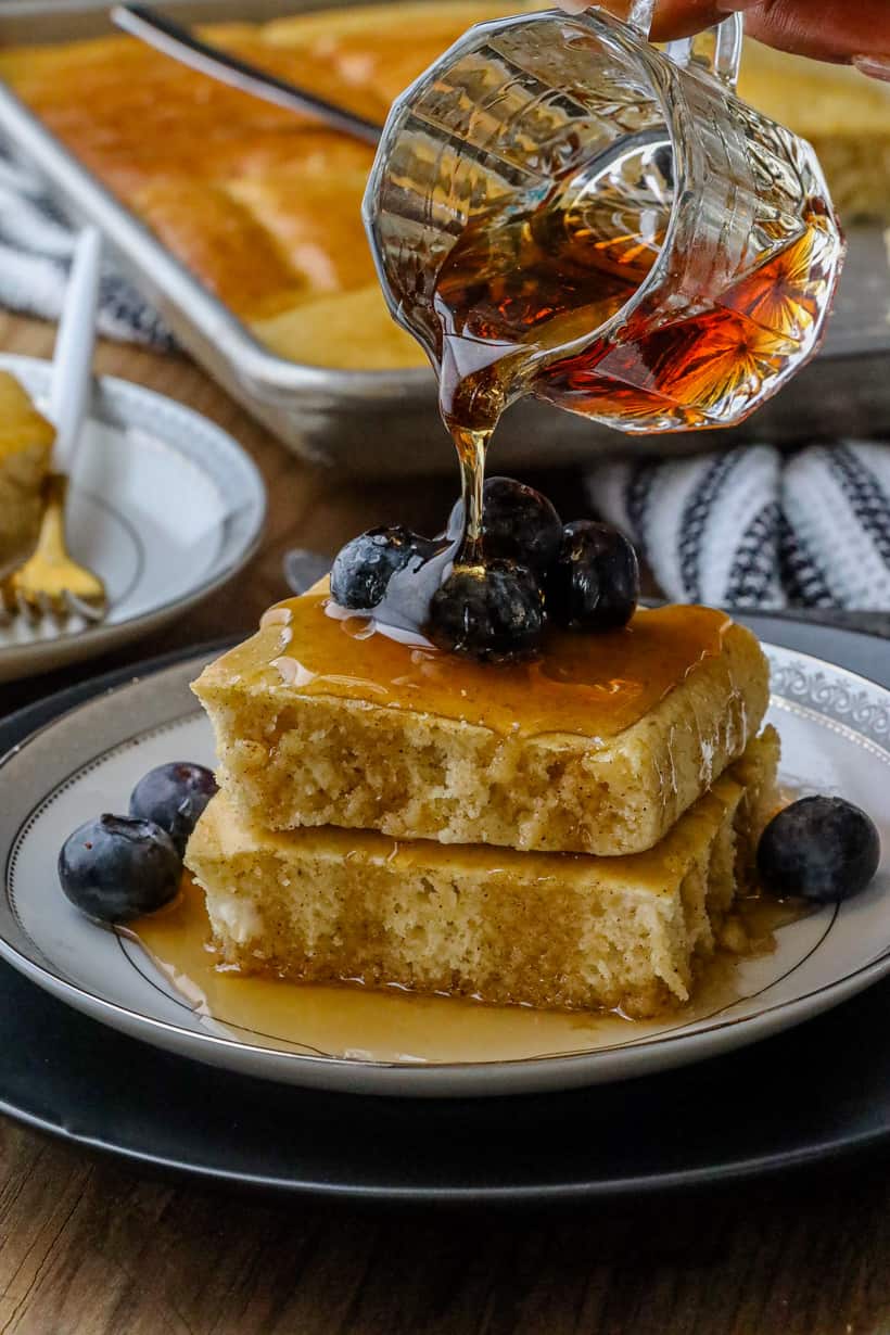 syrup pouring over pancake