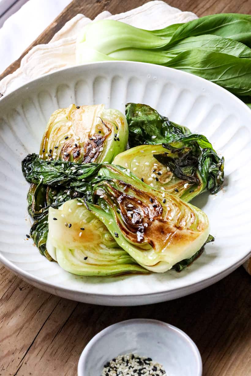 Chok choy topped with sesame seeds