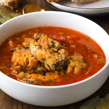 bouillabaisse in white bowl