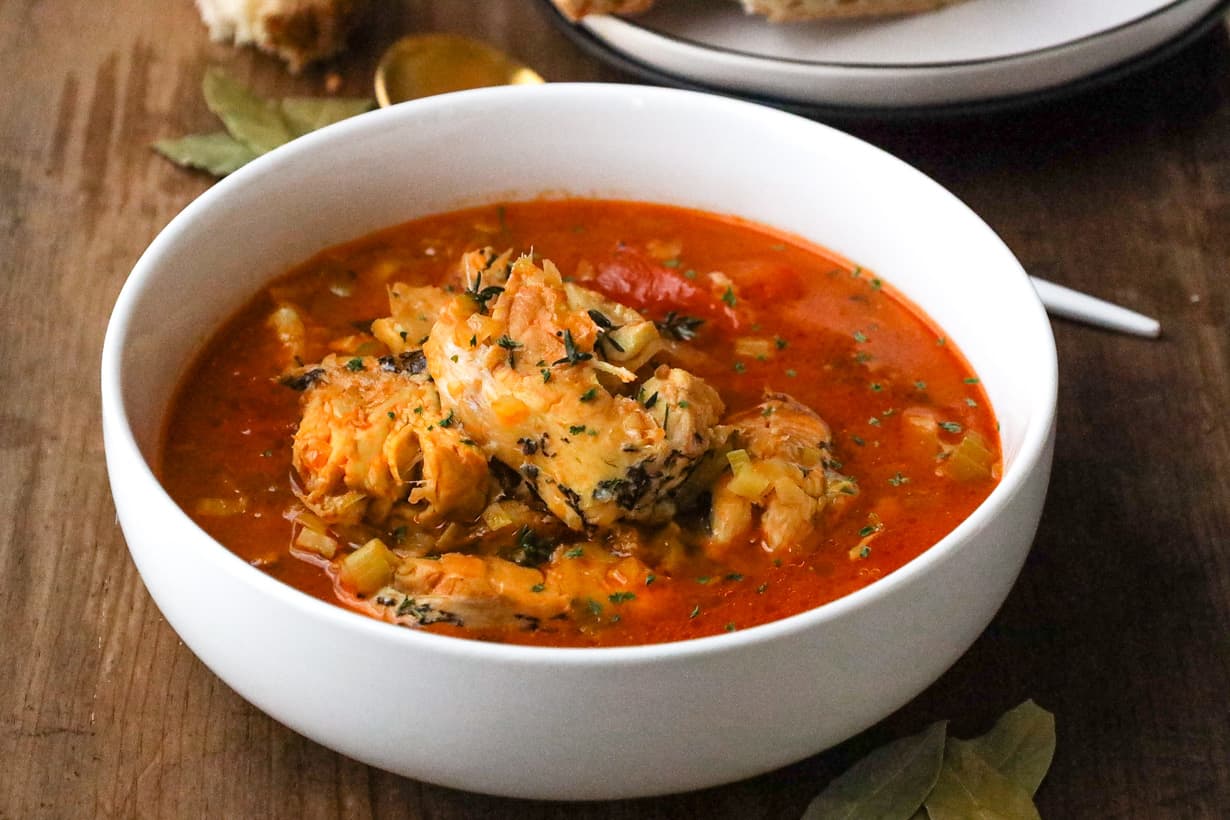 bouillabaisse in white bowl