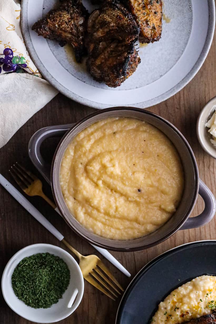 Cheddar Cheese grits in brown bowl